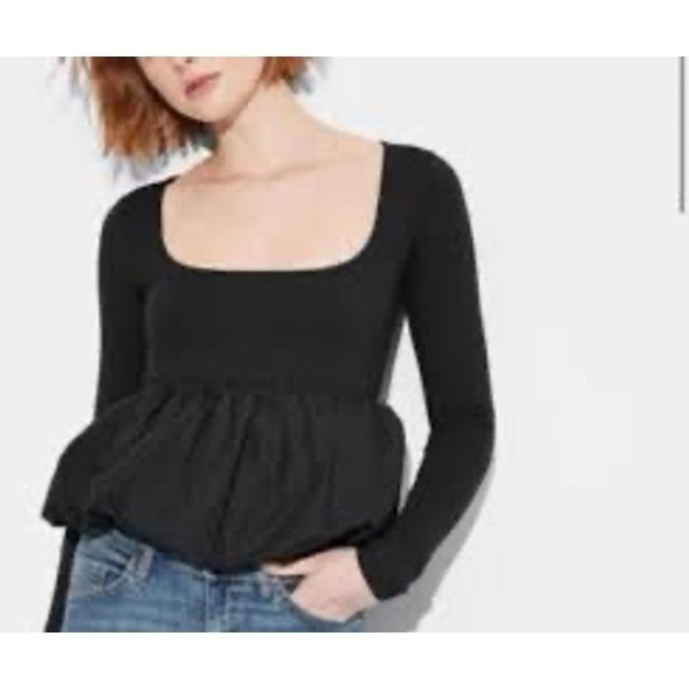 Wild Fable Black Square Neck Peplum Long Sleeve Top XS